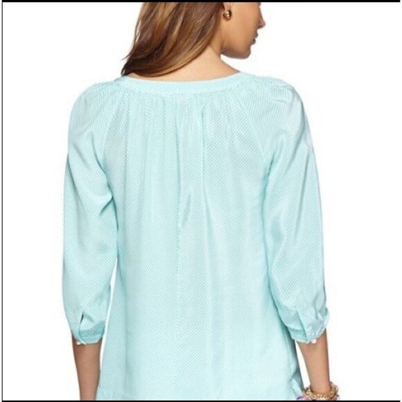 Lilly Pulitzer Moxy 3/4 Sleeve 100% Silk Blouse Turquoise White Stripe Small - Picture 2 of 12
